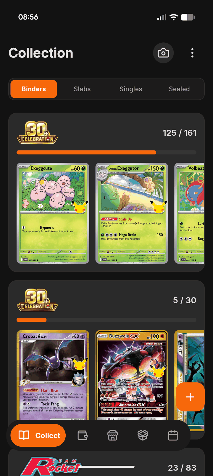 Set binders in Sleevd, each showing its completion